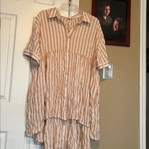 Chicsoul Striped Tan Button-Up Dress tunic top high low with pockets 1X
